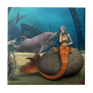 Azulejo Arte de Fantasía Subacuática de Sirena Delfín Soña
