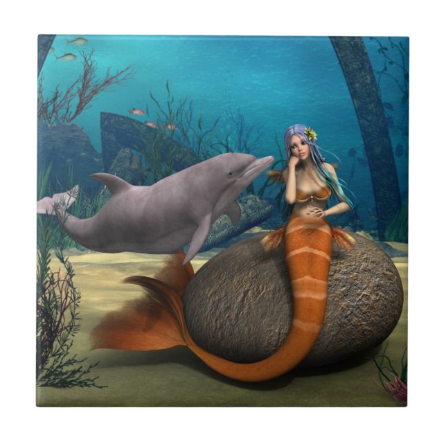 Azulejo Arte de Fantasía Subacuática de Sirena Delfín Soña (Frente)