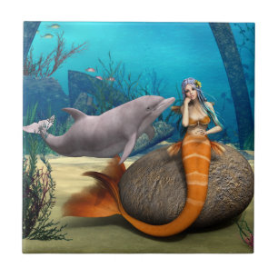 Azulejo Arte de Fantasía Subacuática de Sirena Delfín Soña