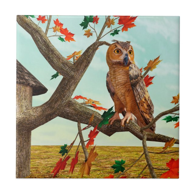 Azulejo Arte de fauna del arce de búho de otoño (Frente)