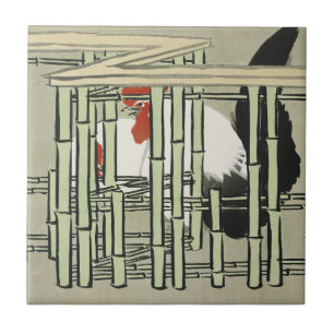 Azulejo Arte de gallo japonés vintage detrás de una cerca 