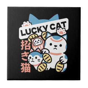 Azulejo Arte de Gato Afortunado – Maneki Neko con Moneda d