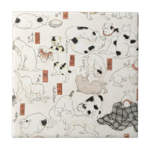 Azulejo Arte de gato japonés vintage Impresión en xilograf