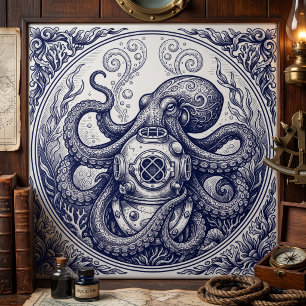 Azulejo Arte de grabado de casco de buzo pulpo vintage