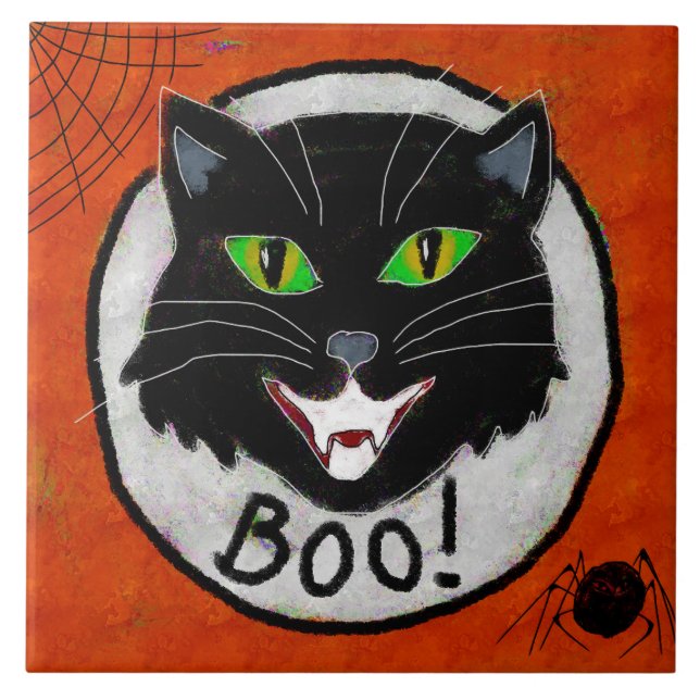 Azulejo Arte de Halloween de resumen de gato negro (Frente)