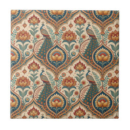Azulejo Arte de hermoso pavo real y patrón floral indio