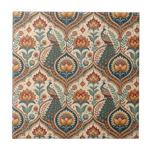 Azulejo Arte de hermoso pavo real y patrón floral indio
