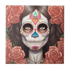 Azulejo Arte de la calavera del azúcar - Mujer en maquilla