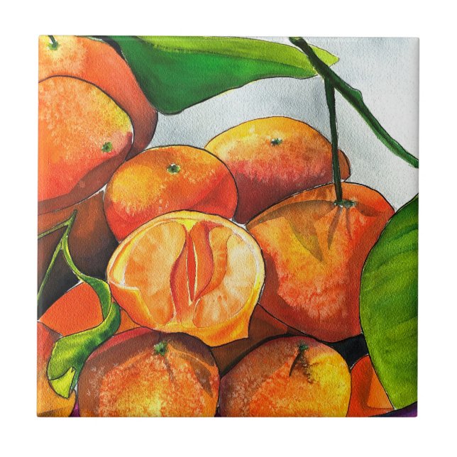 Azulejo Arte de la fruta de la acuarela del naranja mandar (Frente)