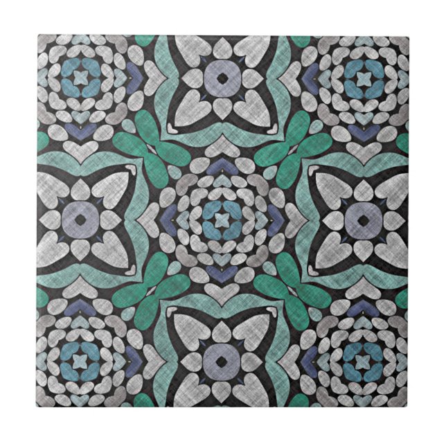 Azulejo Arte de la tribu étnica floral turquesa verde azul (Frente)