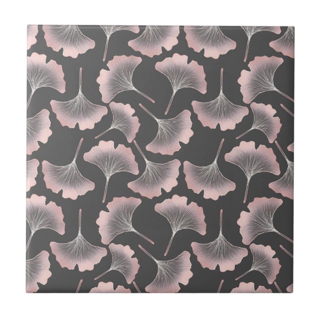 Azulejo Arte de línea rosa sofisticado de Ginkgo sobre lie (Frente)