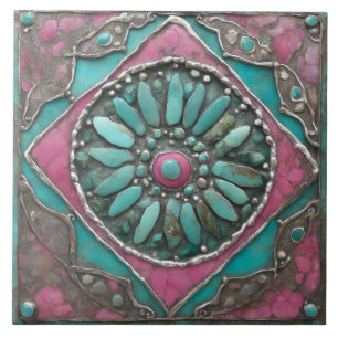 Azulejo Arte de Mandala Mosaico Boho Turquesa y Rosa