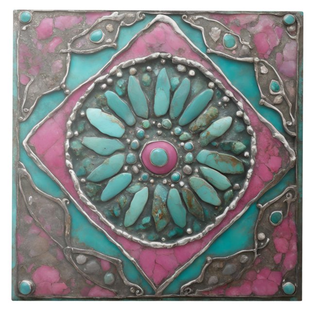 Azulejo Arte de Mandala Mosaico Boho Turquesa y Rosa (Frente)