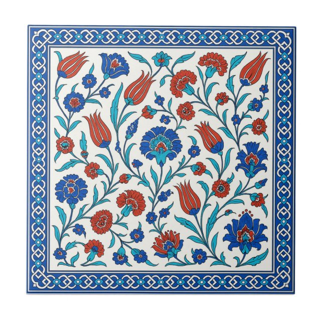 Azulejo Arte de mosaico floral de Iznik turco en azul y ro (Frente)