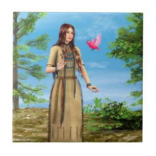 Azulejo Arte de mujer nativa americana bosque pájaro