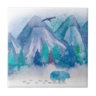 Azulejo Arte de paisaje montañoso invernal con acuarela az