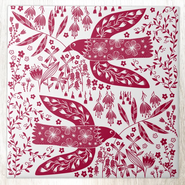 Azulejo Arte de pájaro rojo (Red and white folk art style peace doves and flowers bird art ceramic tile)