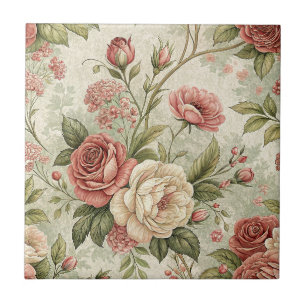 Azulejo Arte de patrón botánico floral rosa y crema vintag