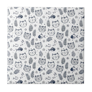 Azulejo Arte de patrón de hojas tropicales y cara de gato