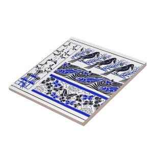 Azulejo arte de patrón de mariposa pez pájaros azul y negr