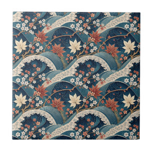 Azulejo Arte de patrón floral de onda japonesa y flor de c