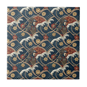 Azulejo Arte de patrón japonés de guerrero samurái y ola d