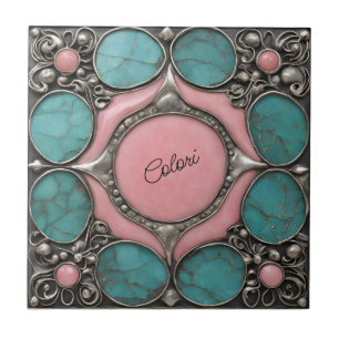Azulejo Arte de piedra rosa y turquesa plateado