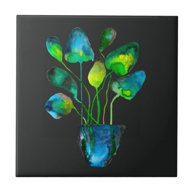Azulejo Arte de planta acuarela abstracto verde y azul (Frente)