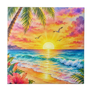 Azulejo Arte de playa de acuarela de puesta de sol en para