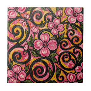 Azulejo Arte de remolino floral rosa vibrante