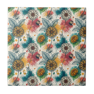 Azulejo Arte de salpicaduras de pintura de girasol colorid