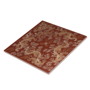 Azulejo Arte de seda del dragón rojo e imperial dorado