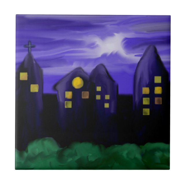 Azulejo Arte de tela de rascacielos de la ciudad nocturna (Frente)