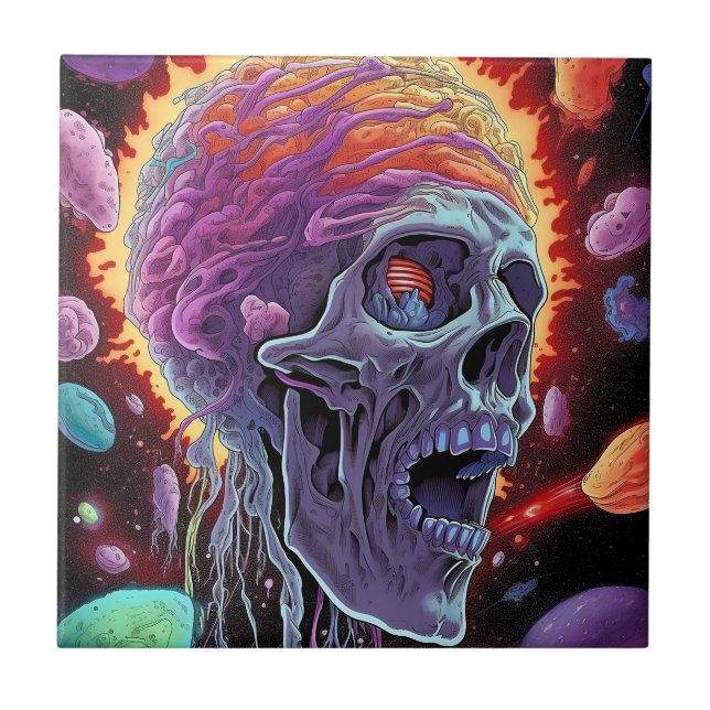 Azulejo Arte de terror de ciencia ficción de Zombie Skull (Frente)