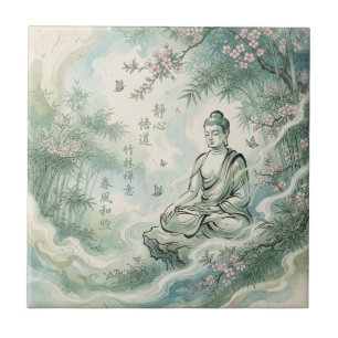 Azulejo Arte de tinta de bambú del Buda meditando