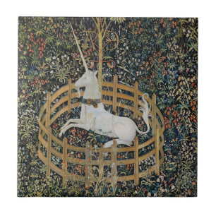 Azulejo Arte de Unicornio Medieval Antiguo en Captividad