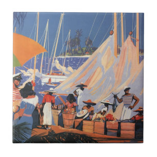 Azulejo Arte de viaje vintage de Bahamas, vuela a Nassau e