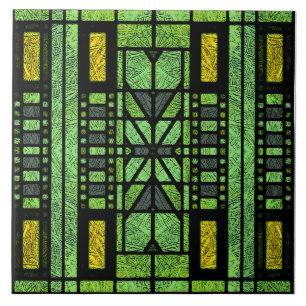 Azulejo Arte de Vidrio Emplomado Art Déco en Verde y Dorad