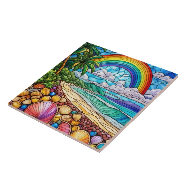 Azulejo Arte de vidrio teñido de la playa de conchas tropi (Lado)