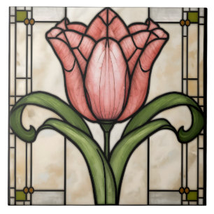 Azulejo Arte de vidrio tintado de flor de tulipán rosa