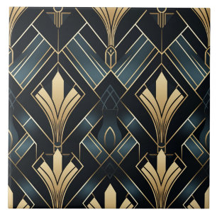 Azulejo Arte Deco azul y dorado, brillante y oscuro