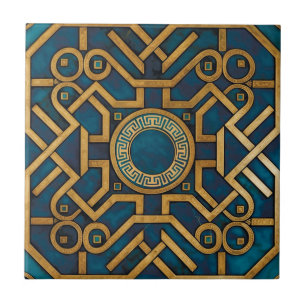 Azulejo arte Deco de mármol de lujo llave griega azul dora