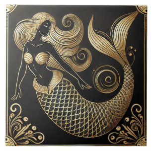 Azulejo Arte Deco de Sirena en Negro y Dorado Línea de Art