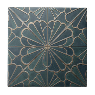 Azulejo Arte Deco Geométrico Patrón de Abanico Dorado Verd