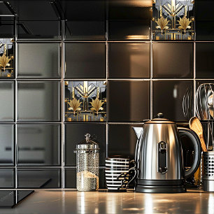 Azulejo Arte Deco Hermoso de Negro y Dorado 
