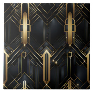 Azulejo Arte Deco negro y dorado con líneas arquitectónica