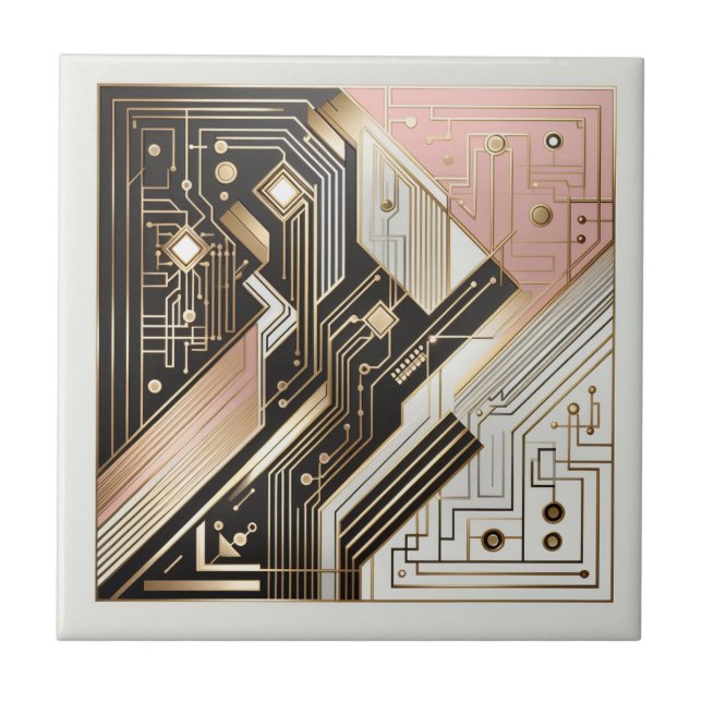 Azulejo Arte Deco Retro Rosa Dorado y Negro (Frente)