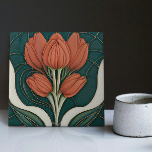Azulejo Arte Deco Tulipanes Rojos Decoración de Pared Verd