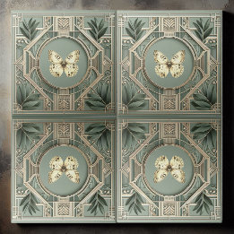 Azulejo Arte Deco Vintage Mariposa Botánica Verde Salvia