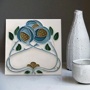 Azulejo Arte decorativo de pared Peonía Azul Art Nouveau A